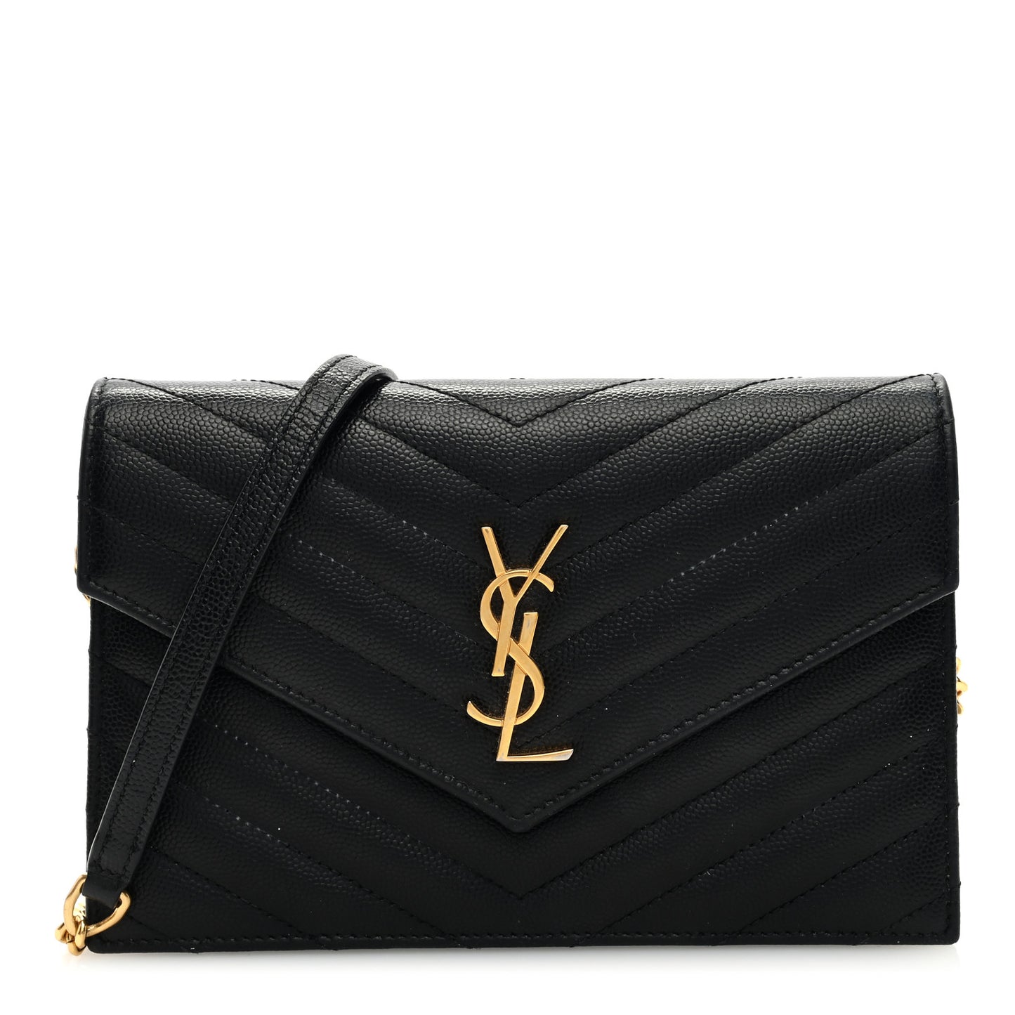 Grain De Poudre Matelasse Chevron Monogram Envelope Chain Wallet Black