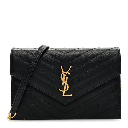 Saint Laurent Grain De Poudre Matelasse Chevron Monogram Envelope Chain Wallet Black 1 of 9