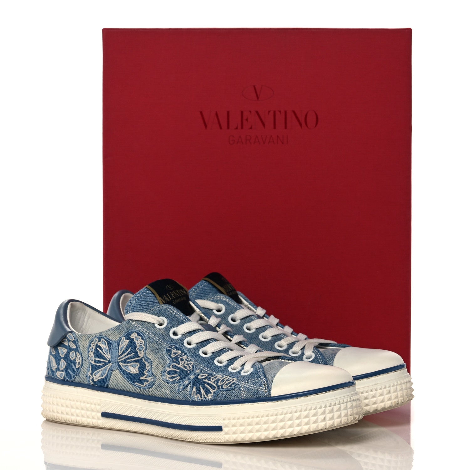 Valentino Garavani Denim Butterfly Embroidered Sneakers 38 Light