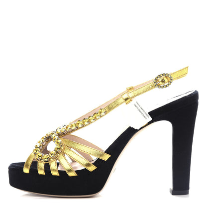 Gucci Velvet Nappa Crystal Zephyra Slingback Platform High Heel Sandals 39 Black Gold 1 of 10