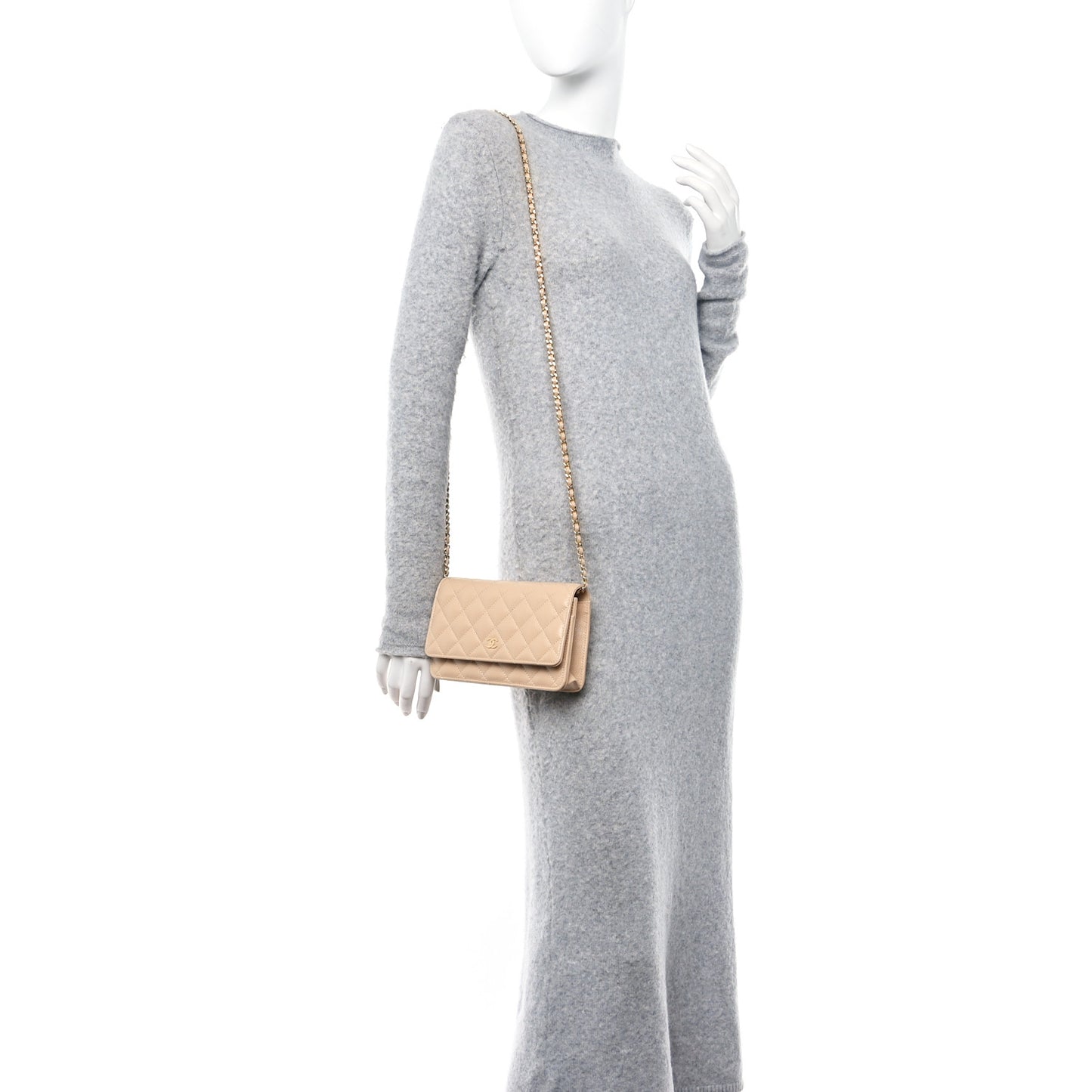 Caviar Quilted Wallet on Chain WOC Beige