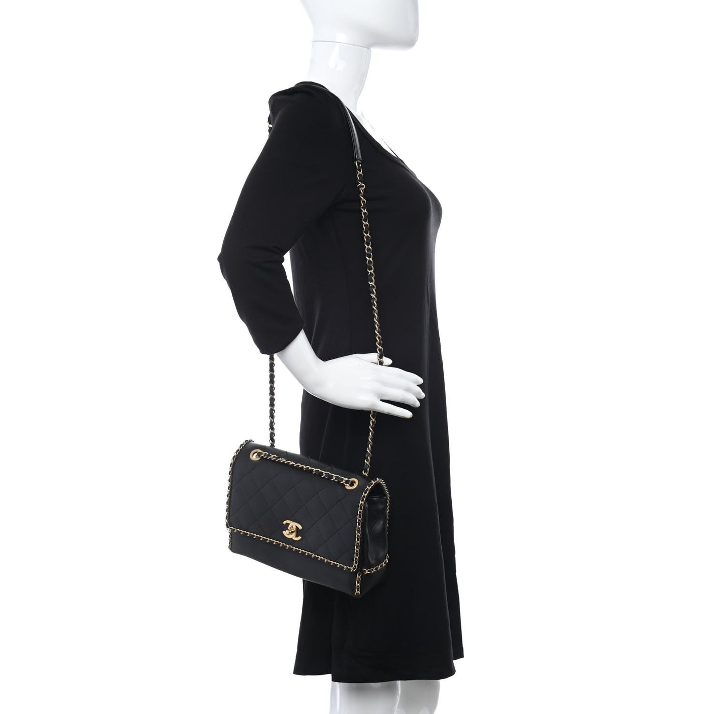 Calfskin Stitched Chain Flap Black