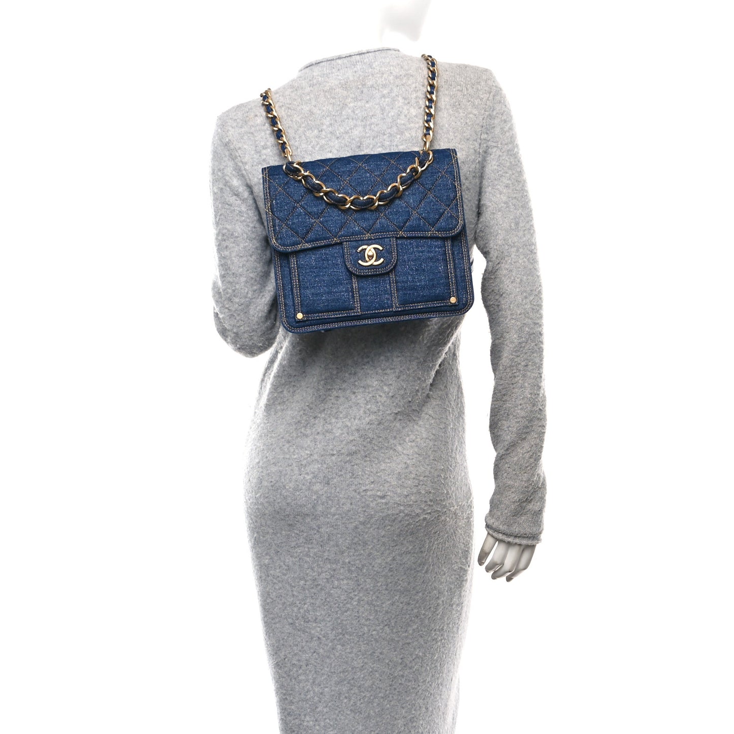 Denim Quilted Double You Backpack Blue Golden