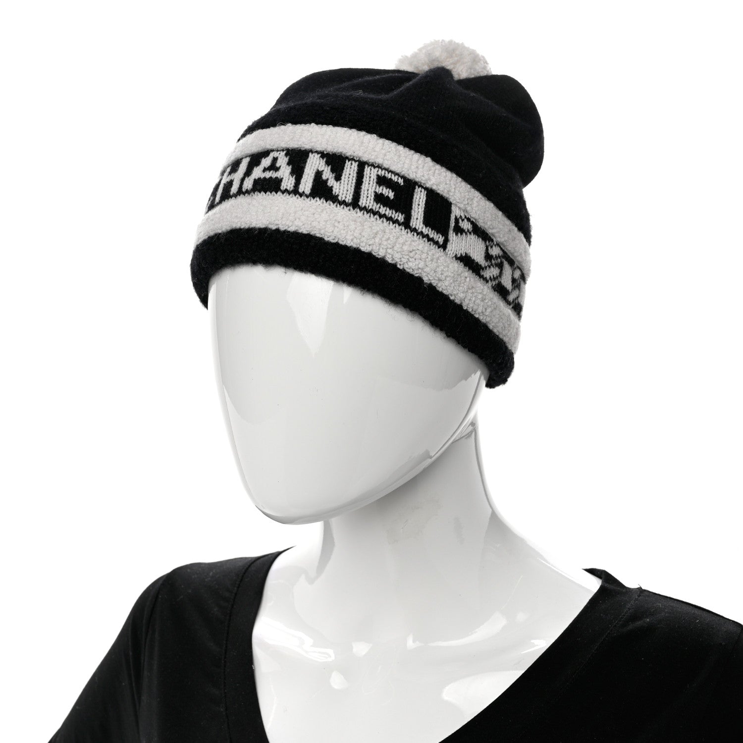 Chanel Cashmere CC Beanie Hat Ecru Black 2 of 6
