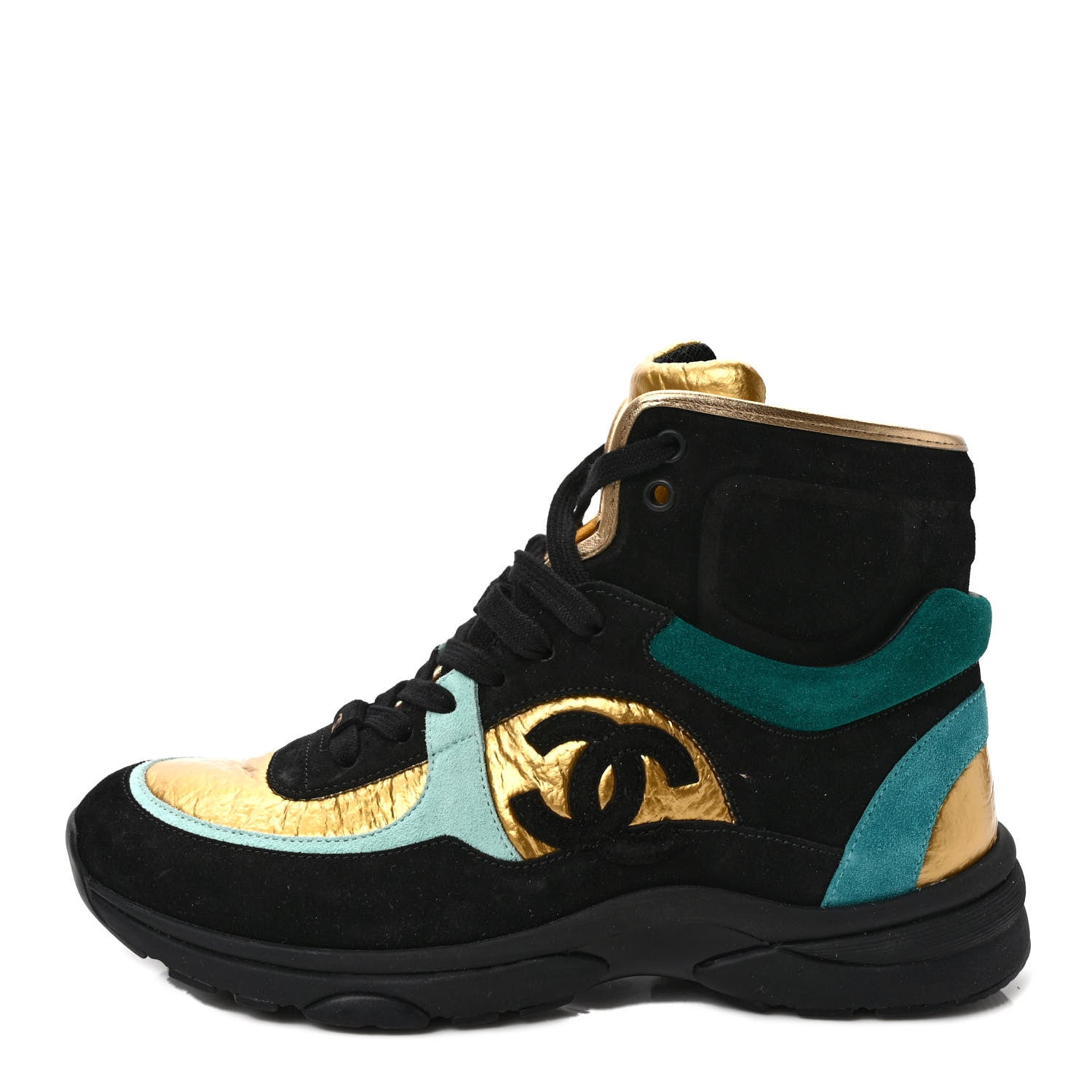 Chanel Suede Calfskin Fabric CC High Top Sneakers 40 Black Turquoise Gold 1 of 8