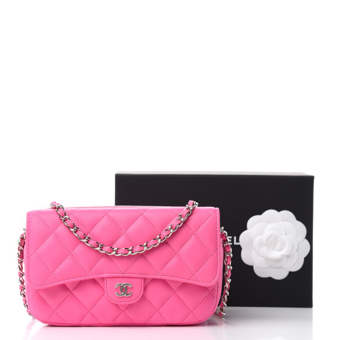 Lambskin Quilted Flap Phone Holder With Chain Neon Pink