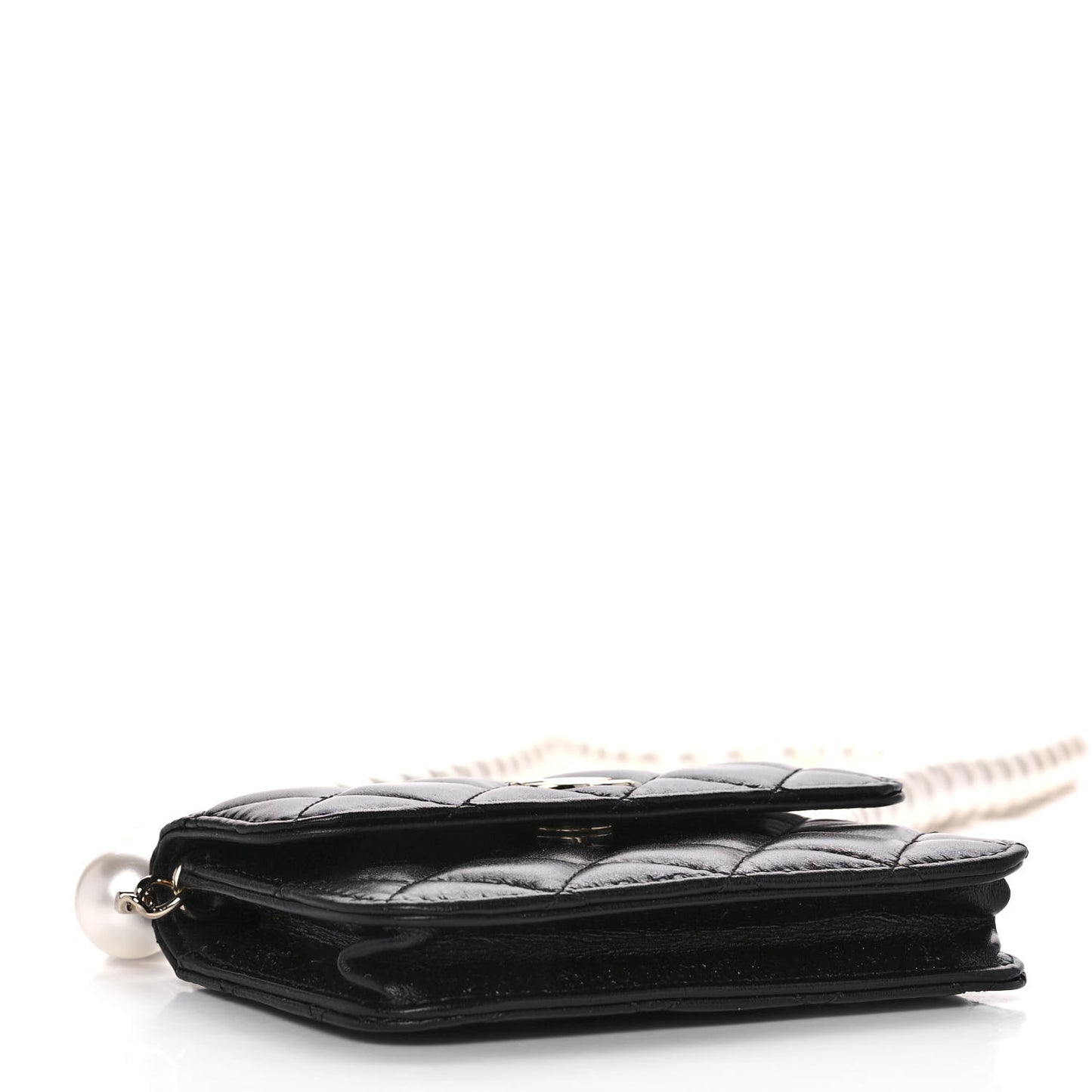 Calfskin Quilted Maxi Pearls Card Holder Flap With Chain Black