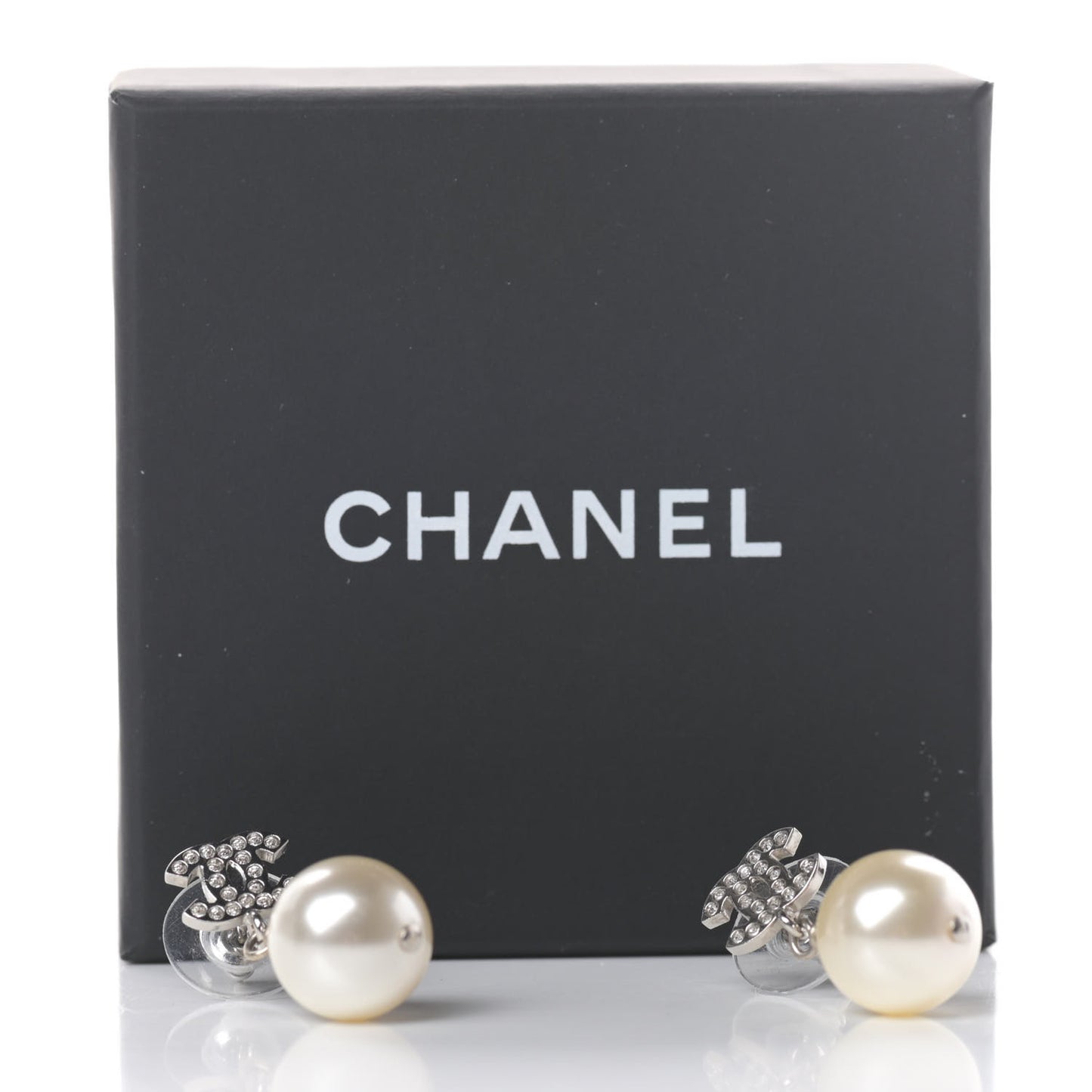 Crystal Pearl CC Drop Earrings Silver