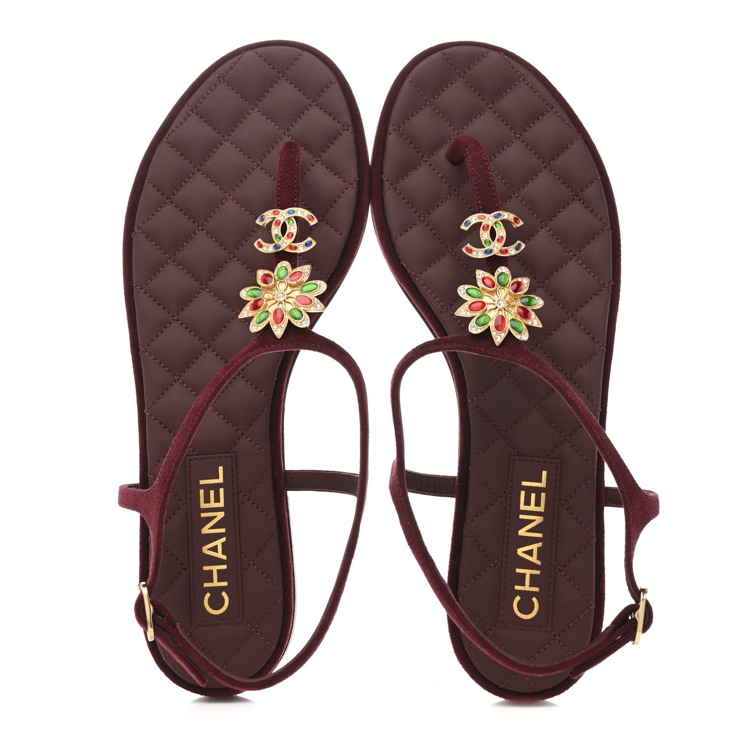 シャネル　サンダル Chanel Suede Calfskin CC Crystal Thong Sandals 40.5 Burgundy