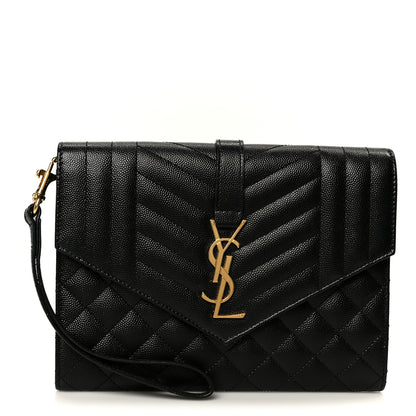 Saint Laurent Grain De Poudre Textured Mixed Matelasse Triquilt Monogram Clutch Black 1 of 9