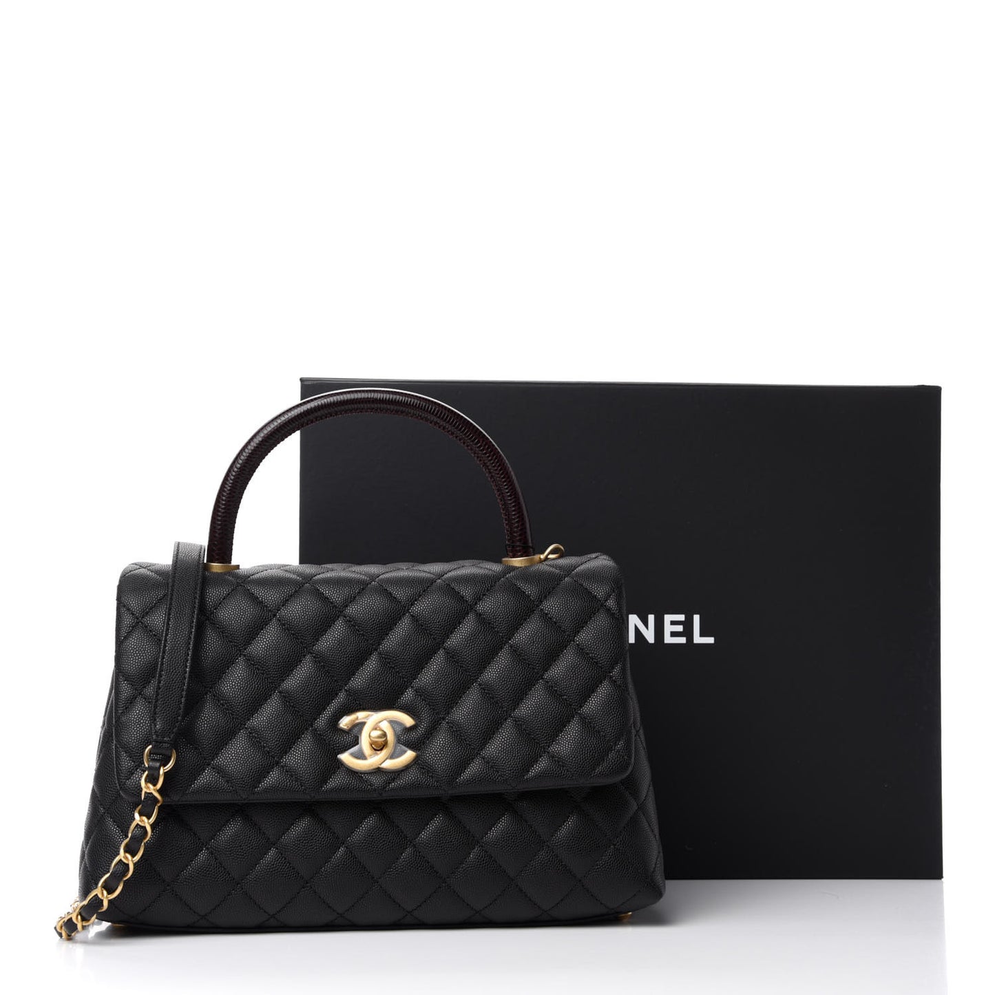 Caviar Lizard Embossed Quilted Small Coco Handle Flap Black