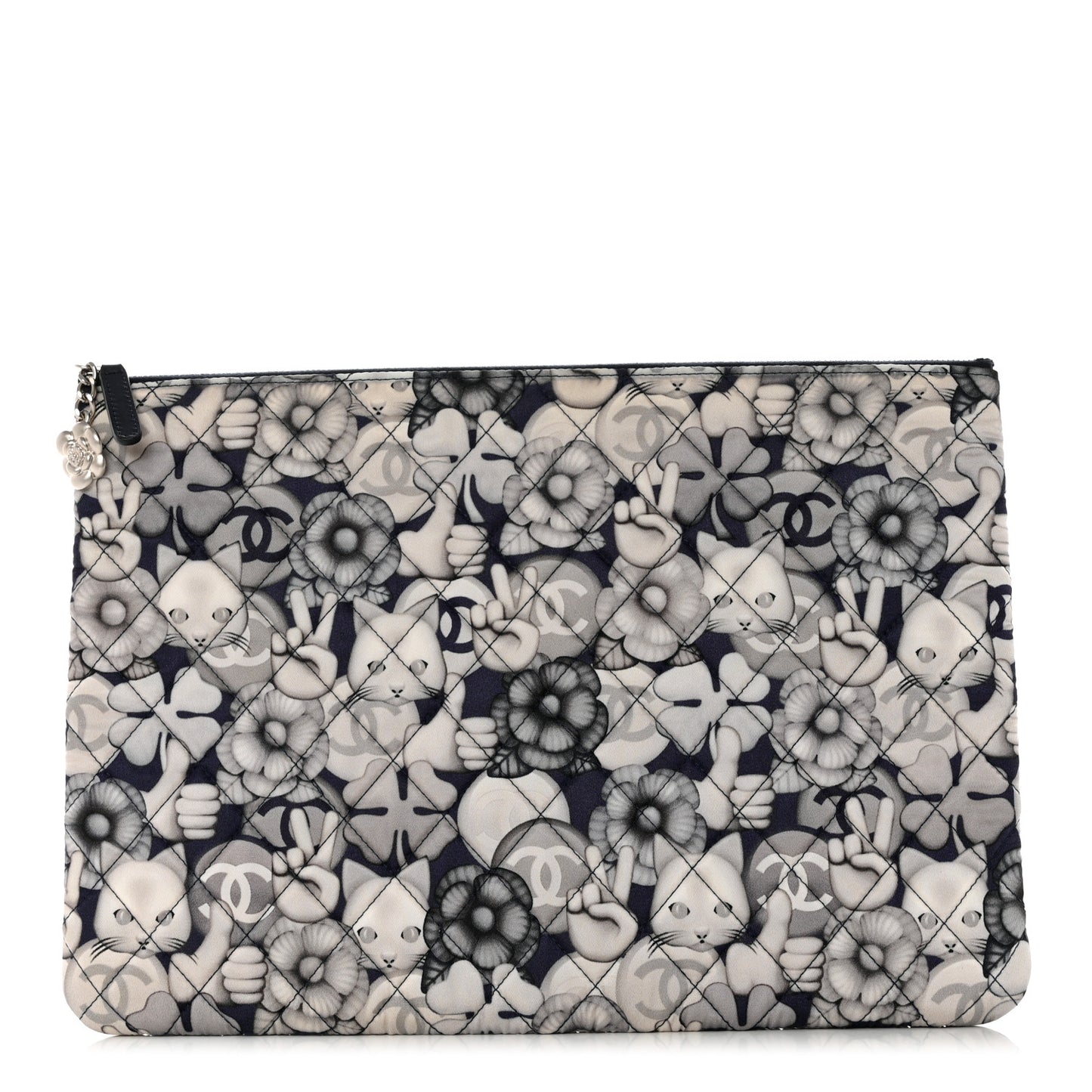 Nylon Quilted Large Cat Emoticon Cosmetic Case Navy Grey Ecru