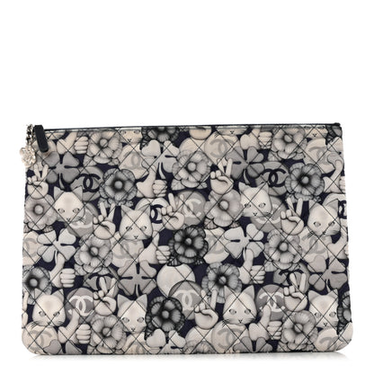 Chanel Nylon Quilted Large Cat Emoticon Cosmetic Case Navy Grey Ecru 1 of 7