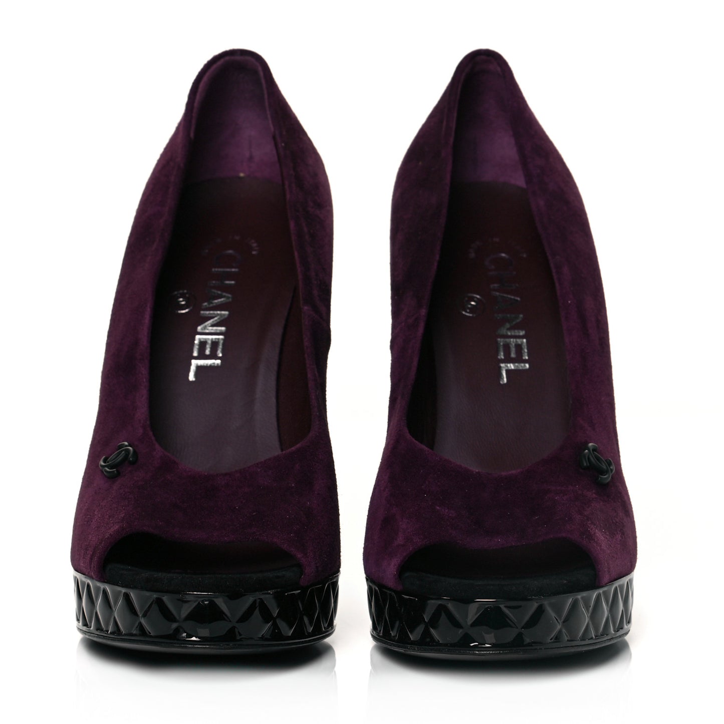 Suede Calfskin Patent Quilted CC Peep Toe Pumps 37.5 Purple