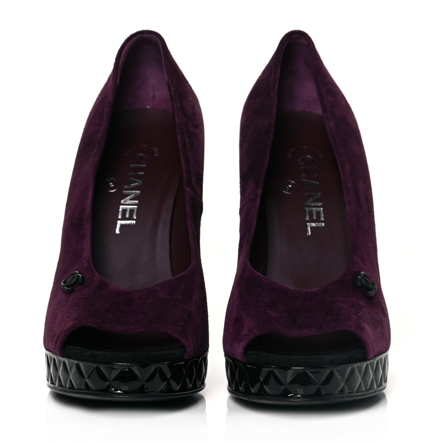 Chanel Suede Calfskin Patent Quilted CC Peep Toe Pumps 37.5 Purple 2 of 8