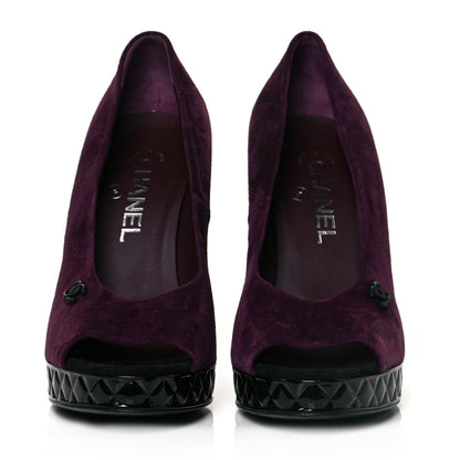 Chanel Suede Calfskin Patent Quilted CC Peep Toe Pumps 37.5 Purple 2 of 8