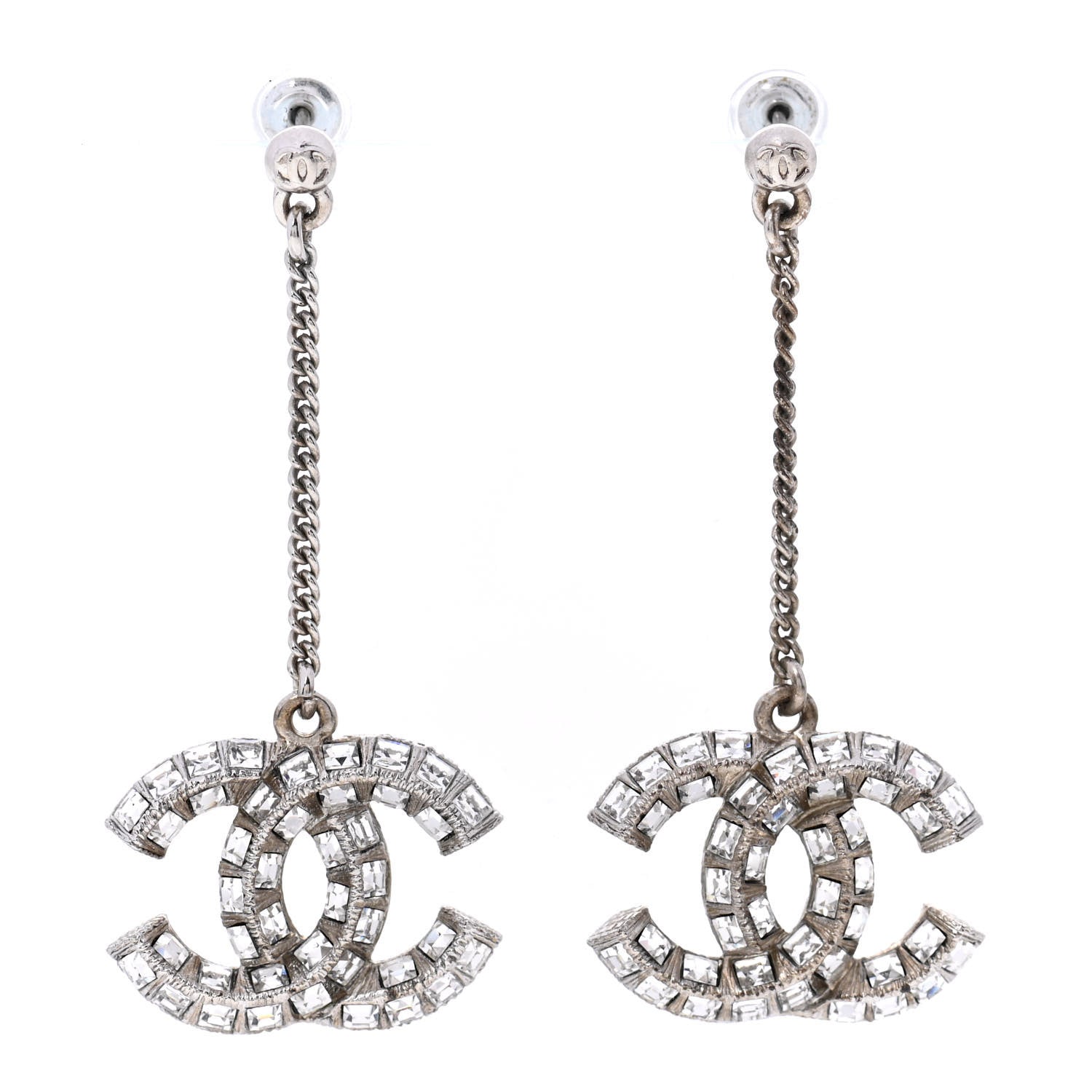 Chanel Baguette Crystal CC Drop Earrings Silver 1 of 3