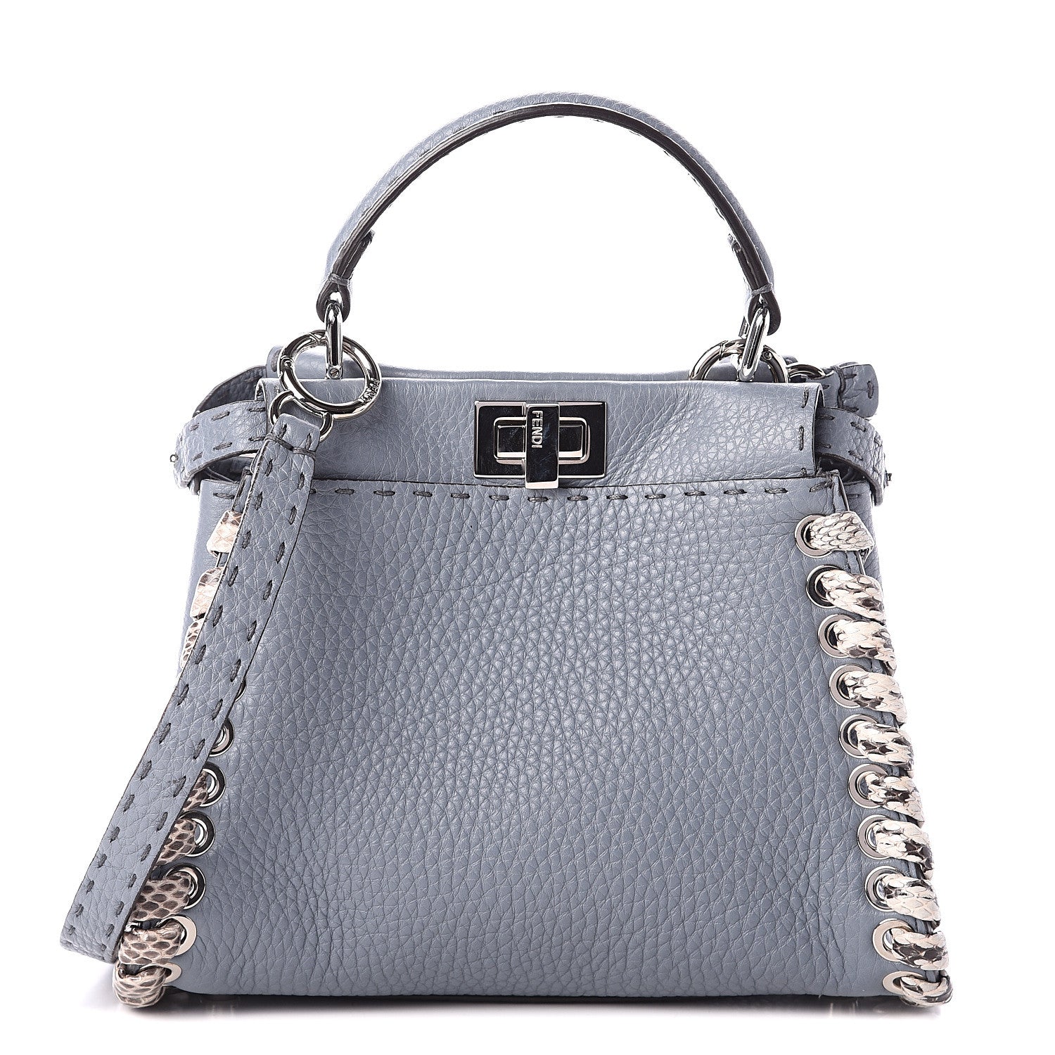 Fendi Calfskin Romano Elaphe Lace Up Selleria Mini Peekaboo Iconic Satchel Light Blue 1 of 9