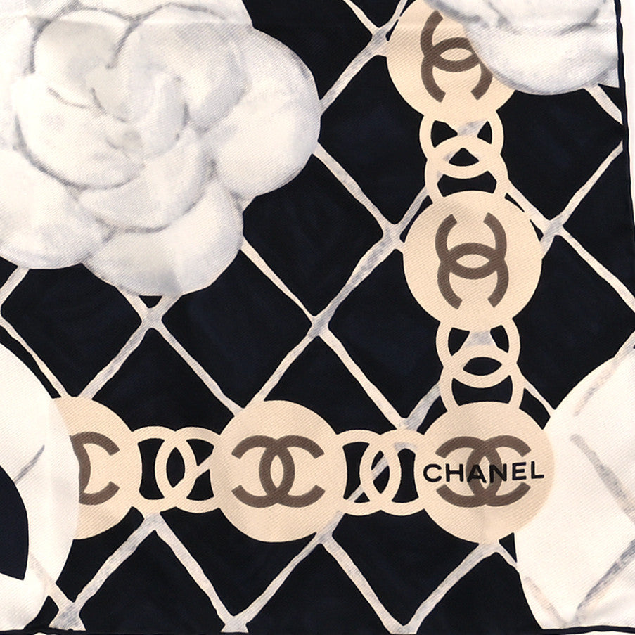 Chanel Silk CC Logo Camellia Scarf White Black 2 of 3