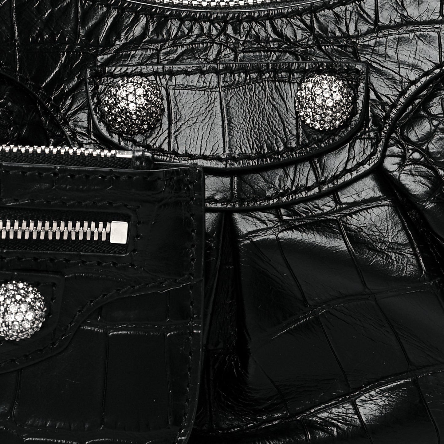 Extra Supple Calfskin Crystal Crocodile Embossed Le Cagole Shoulder Bag XS Black