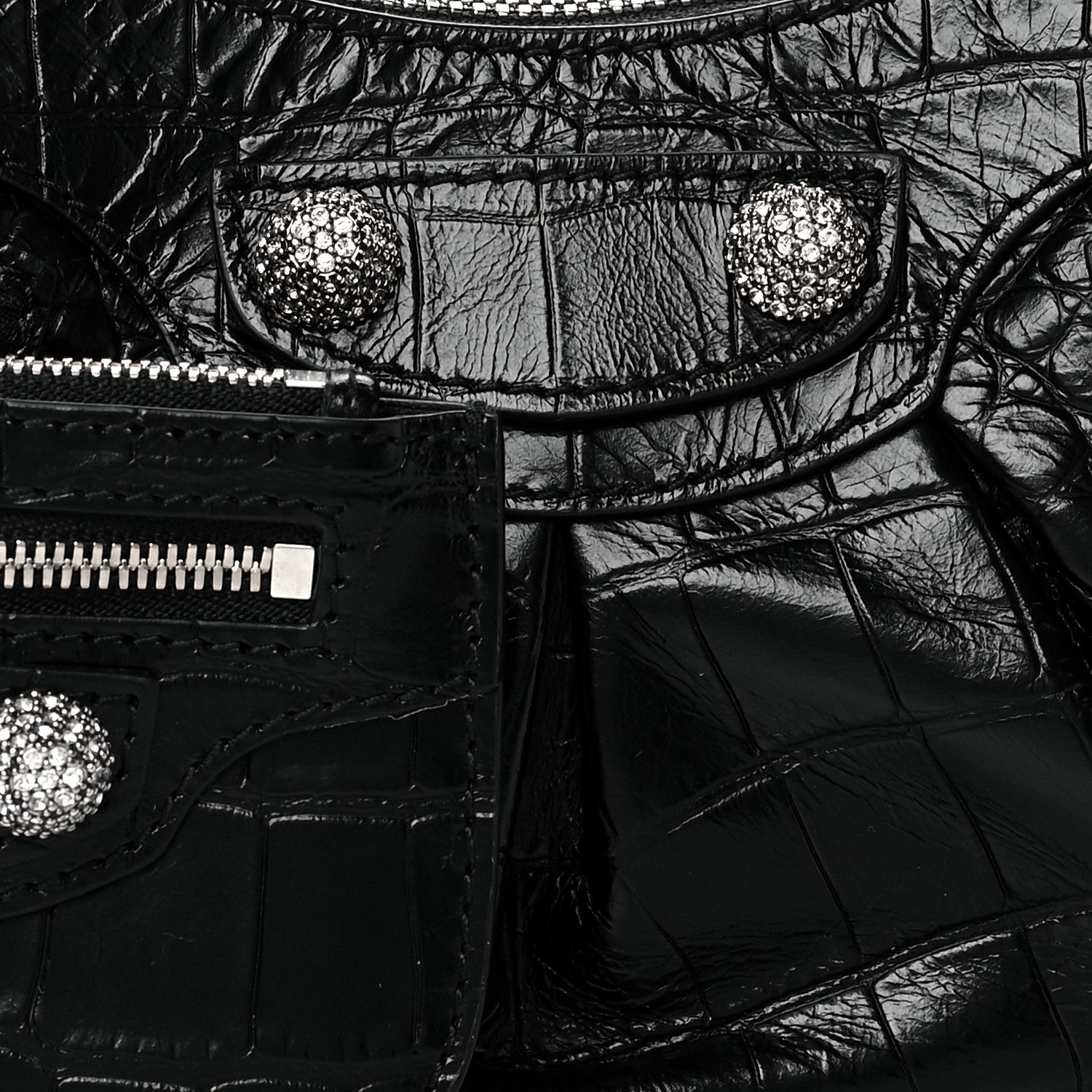 Balenciaga Extra Supple Calfskin Crystal Crocodile Embossed Le Cagole Shoulder Bag XS Black 8 of 10