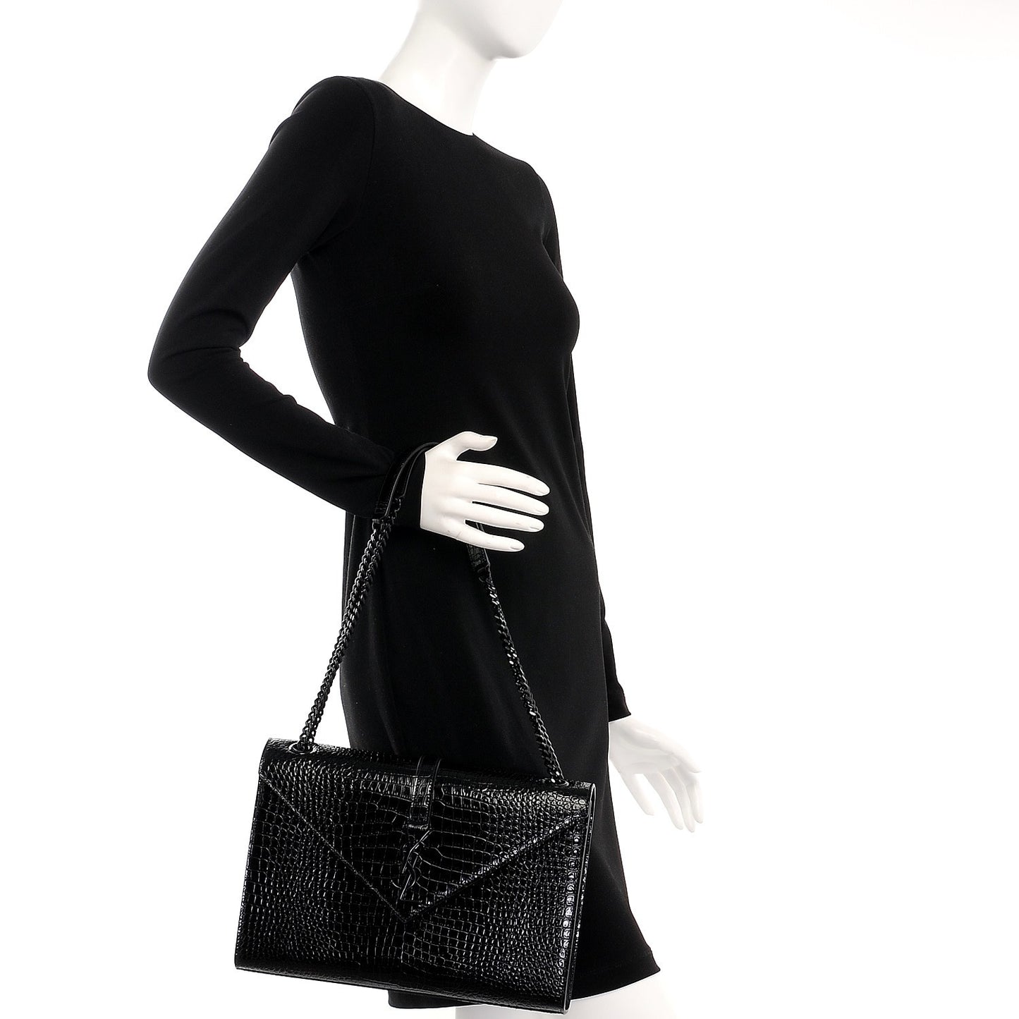 Calfskin Crocodile Embossed Monogram Large Satchel Black
