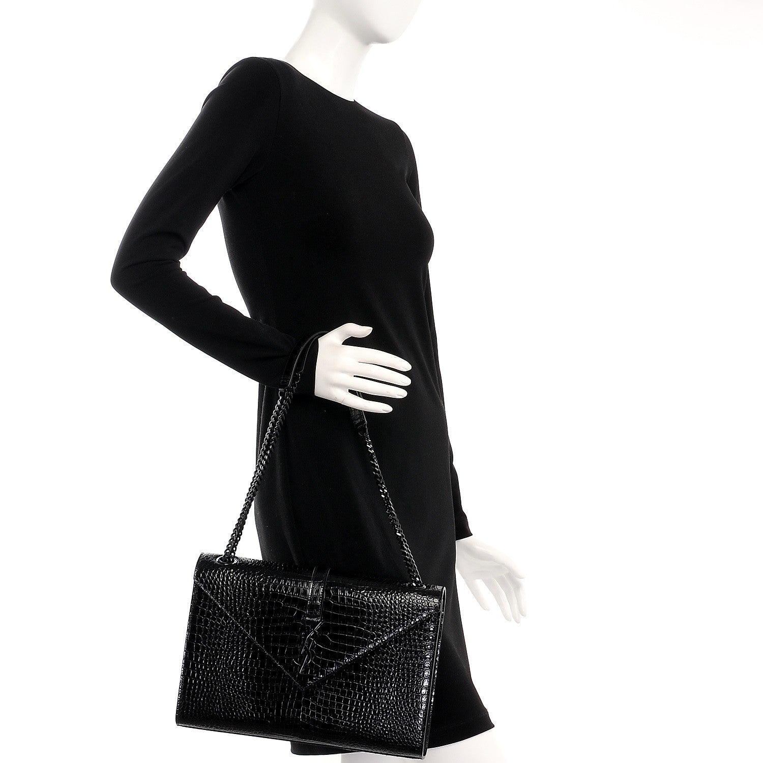 Saint Laurent Calfskin Crocodile Embossed Monogram Large Satchel Black 2 of 7
