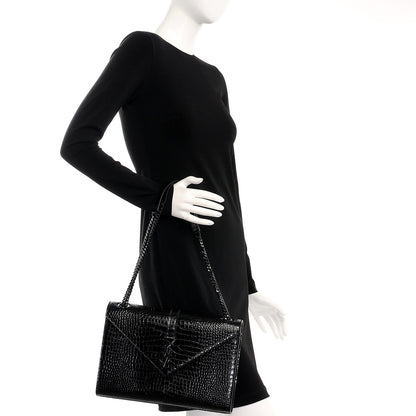 Saint Laurent Calfskin Crocodile Embossed Monogram Large Satchel Black 2 of 7