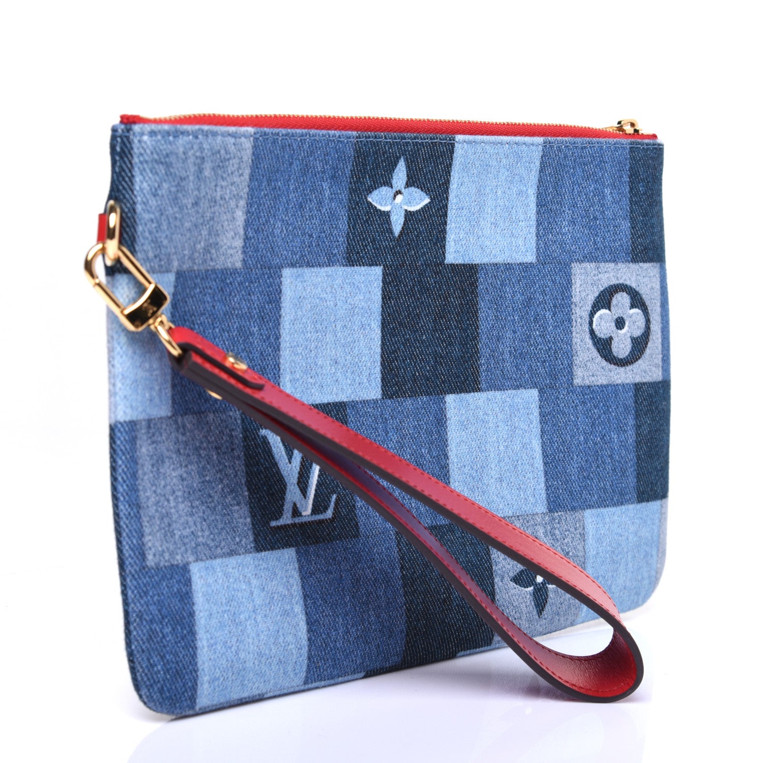 Louis Vuitton Denim Damier Monogram Patchwork Neverfull MM Pochette Bleu Rouge 3 of 10
