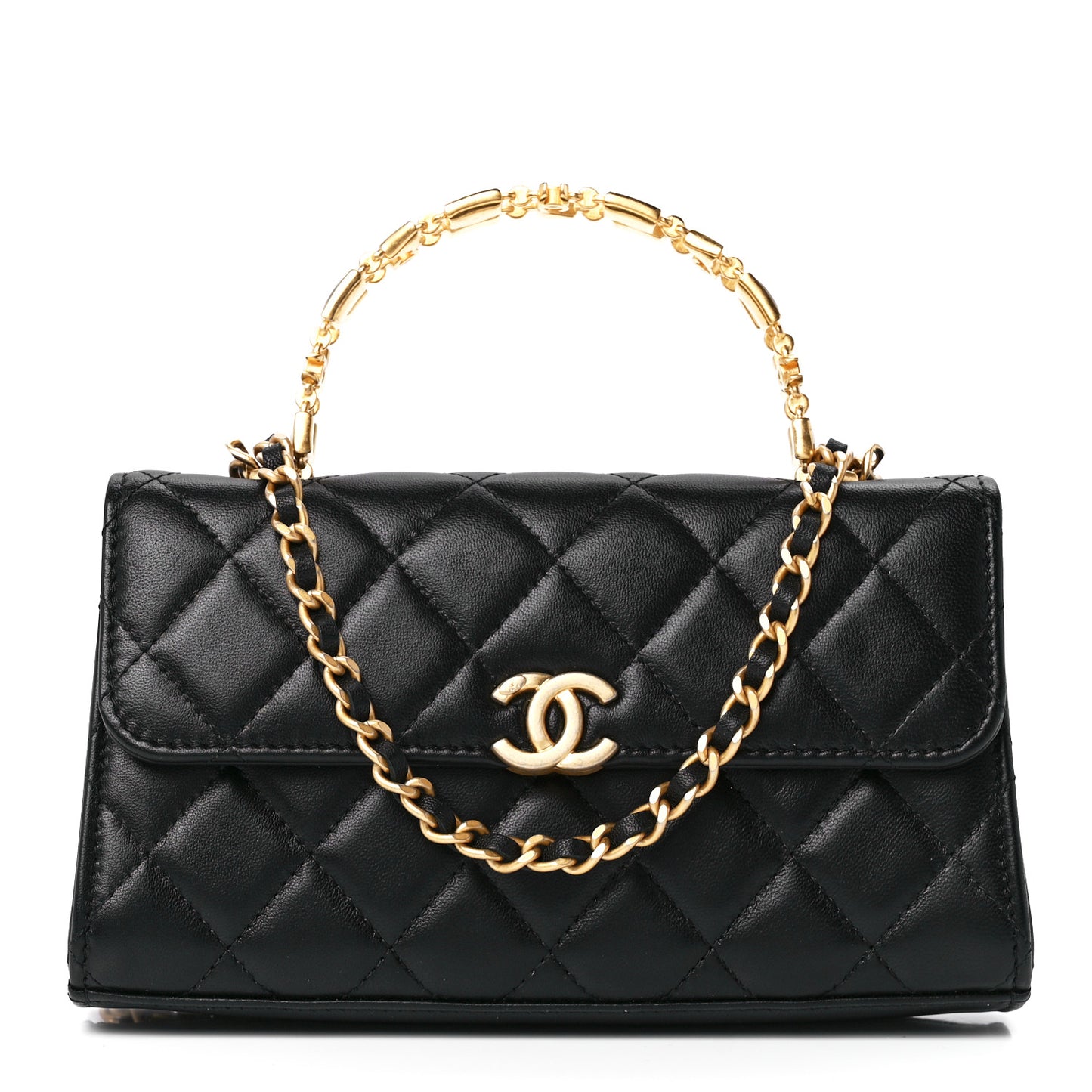 Lambskin Enamel Quilted Top Handle Flap Phone Holder With Chain Black
