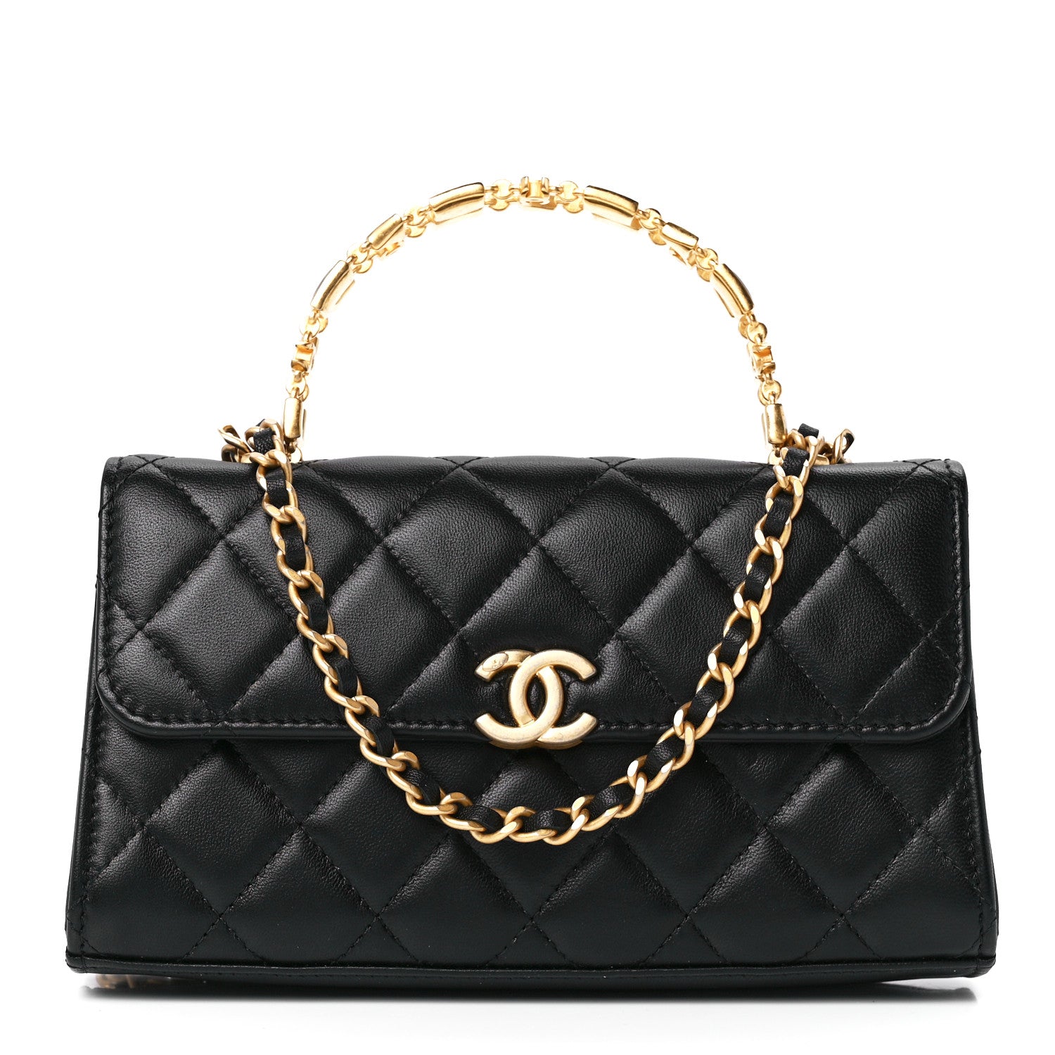 Chanel Lambskin Enamel Quilted Top Handle Flap Phone Holder With Chain Black 1 of 12