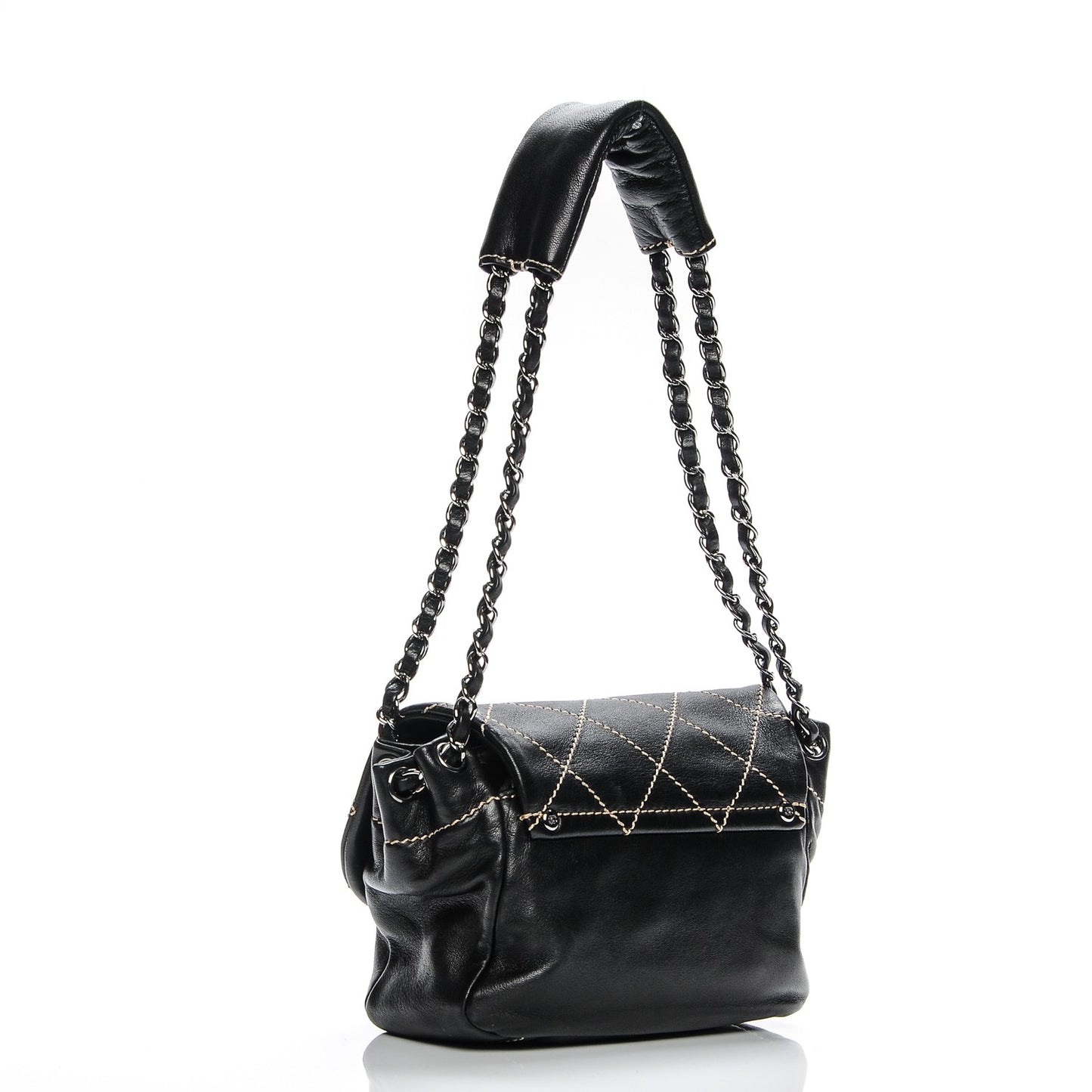Lambskin Small Contrast Stitch Surpique Accordion Flap Black