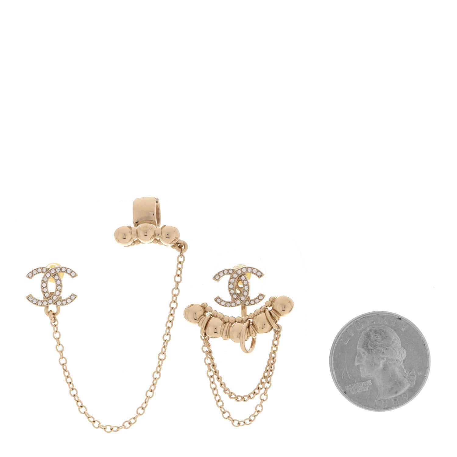 Chanel Metal Crystal CC Chain Cuff Earrings Gold 2 of 5