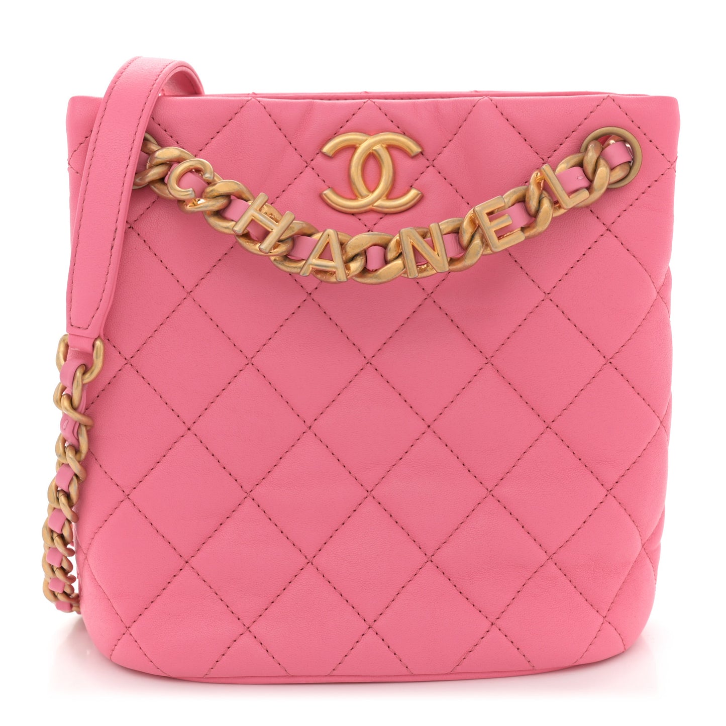 Lambskin Quilted Chaine Lettre Small Bucket Bag Pink