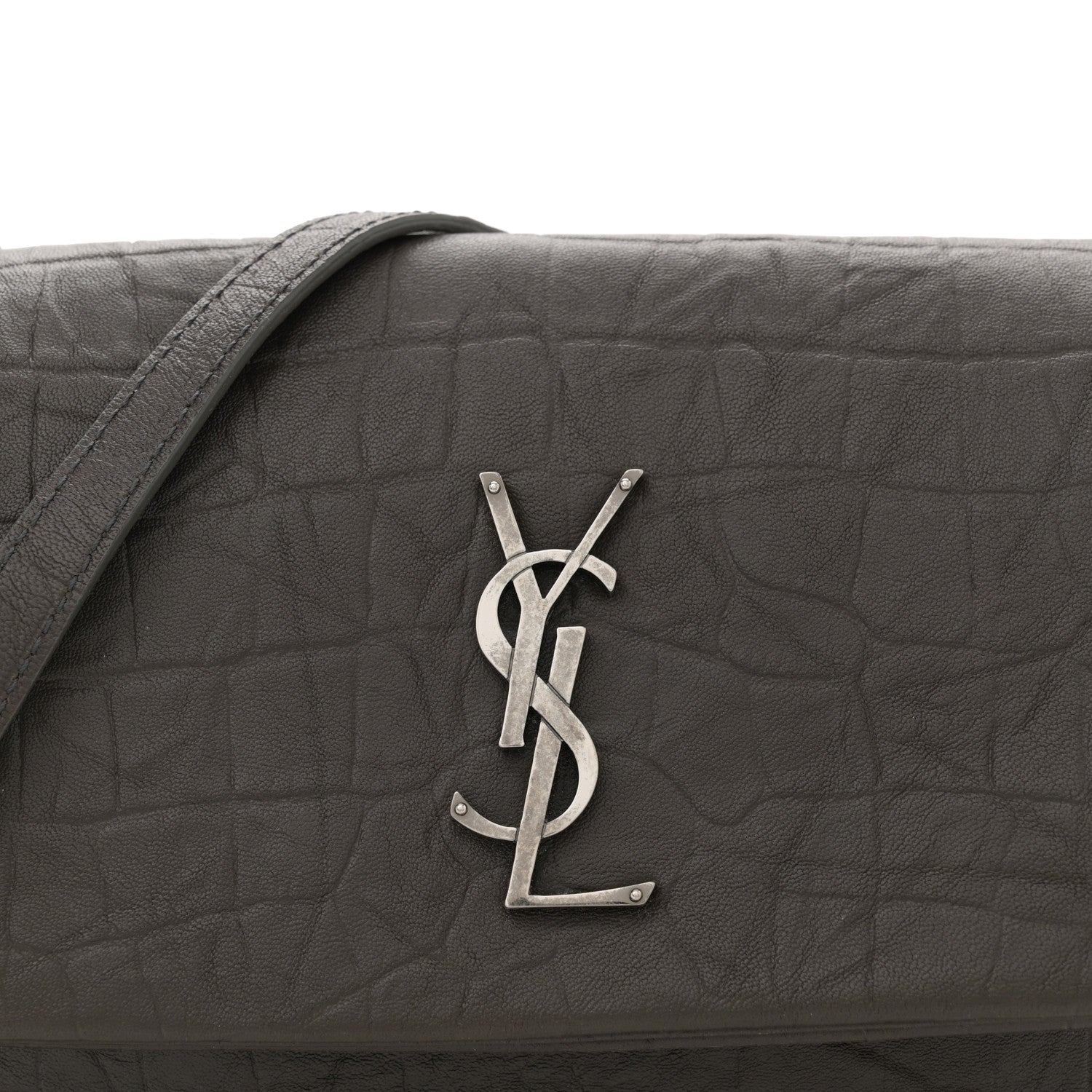 Saint Laurent Calfskin Crocodile Embossed West Hollywood Monogram Fold-Over Dark Brown 8 of 11