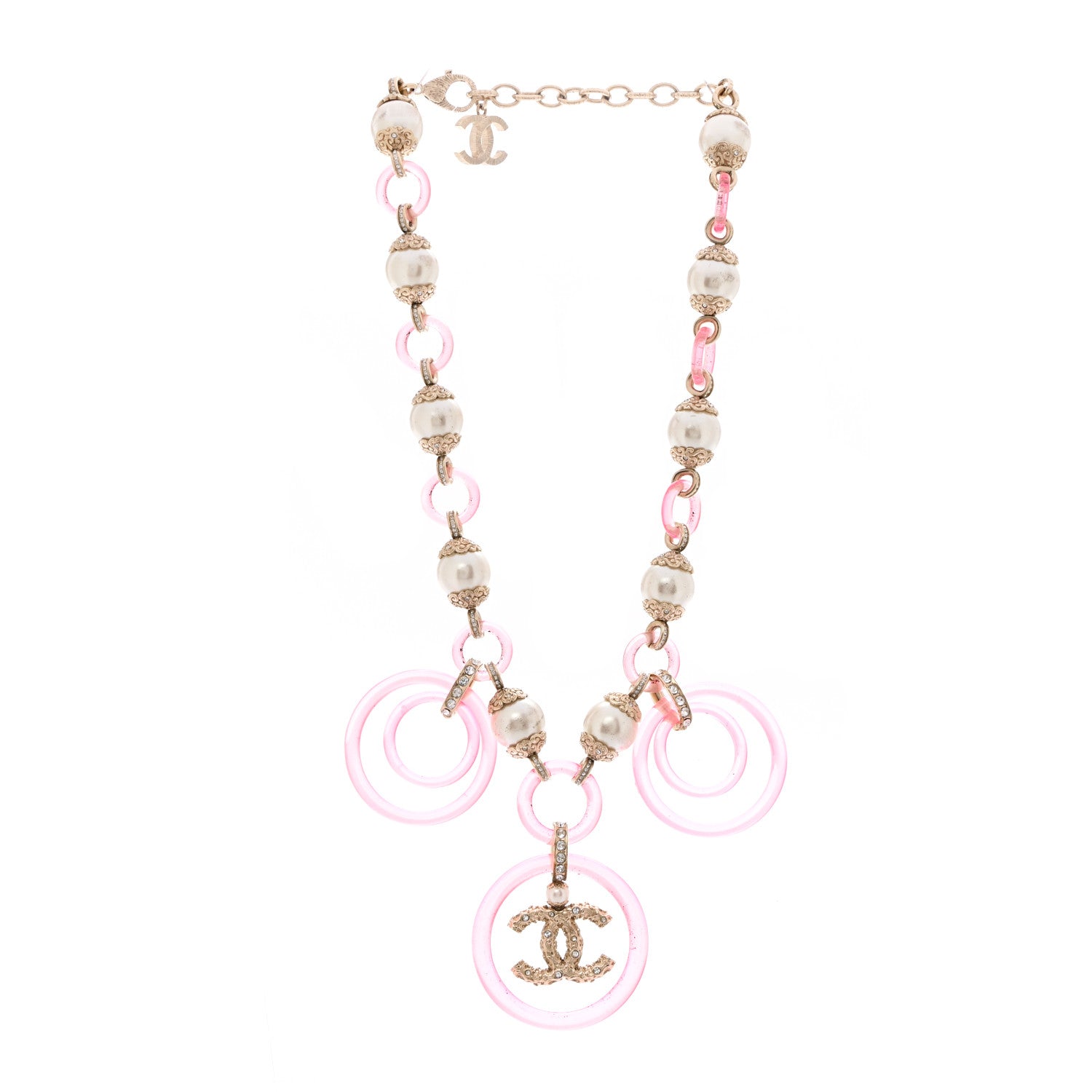 Chanel Pearl Crystal Resin CC Round Charms Necklace Gold Pink 3 of 8