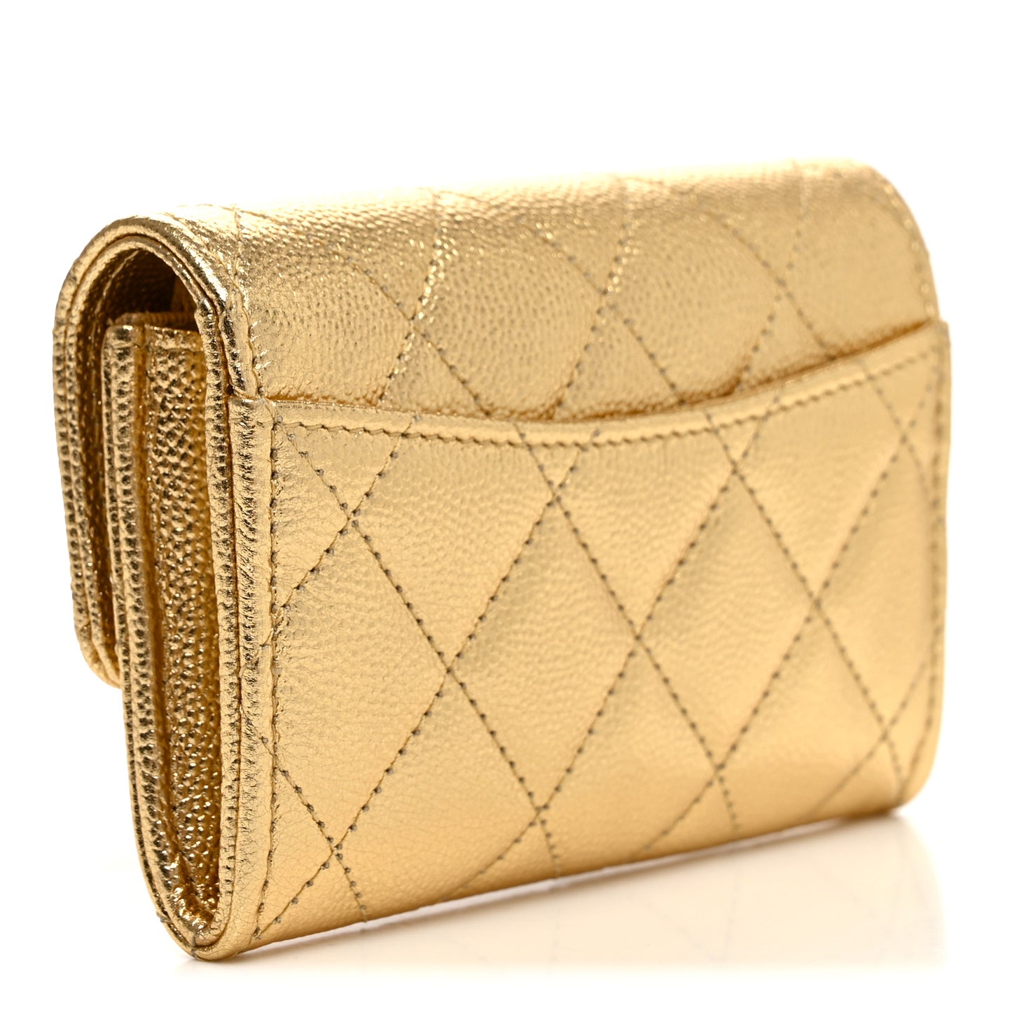 Metallic Caviar Quilted Flap Card Holder Wallet Gold