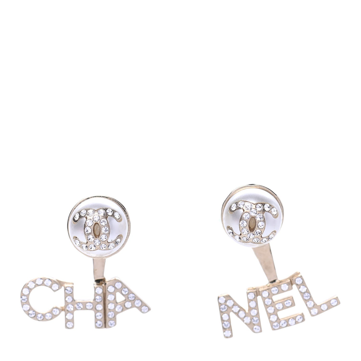 Chanel Pearl Crystal Logo Earrings Gold Pearly White 1 of 4