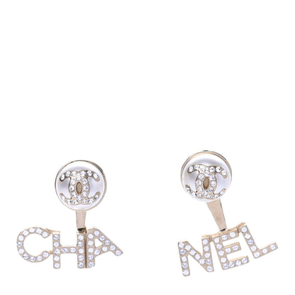 Chanel Pearl Crystal Logo Earrings Gold Pearly White 1 of 4