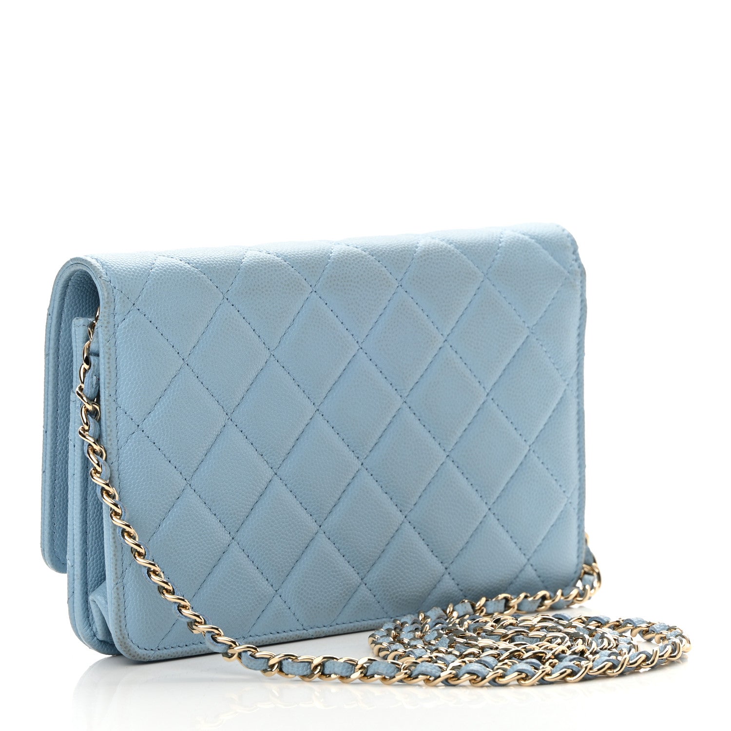 Chanel Caviar Quilted Crystal CC Wallet On Chain WOC Light Blue 3 of 17