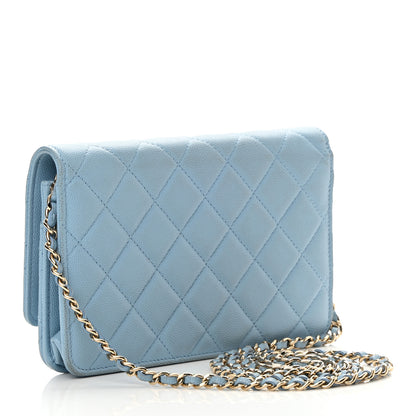 Chanel Caviar Quilted Crystal CC Wallet On Chain WOC Light Blue 3 of 17
