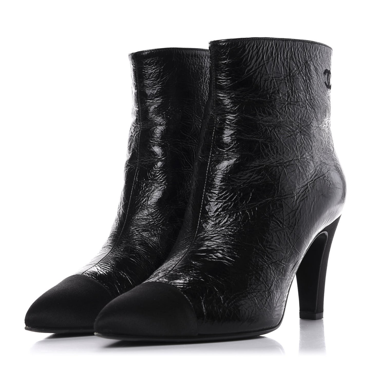 Crumpled Calfskin Satin Cap Toe Short Ankle Boots 39 Black
