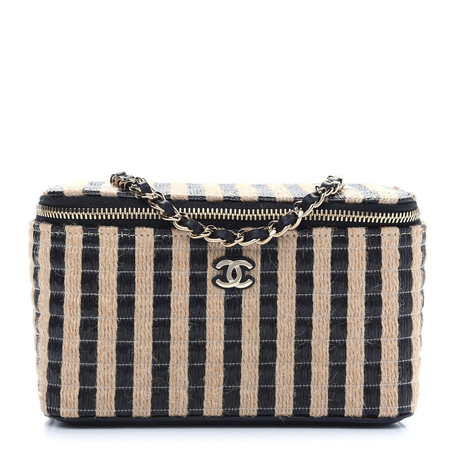 Raffia Jute Striped Small Vanity Case With Chain Black Beige