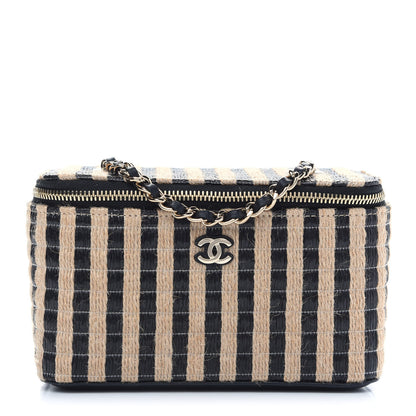 Chanel Raffia Jute Striped Small Vanity Case With Chain Black Beige 1 of 9