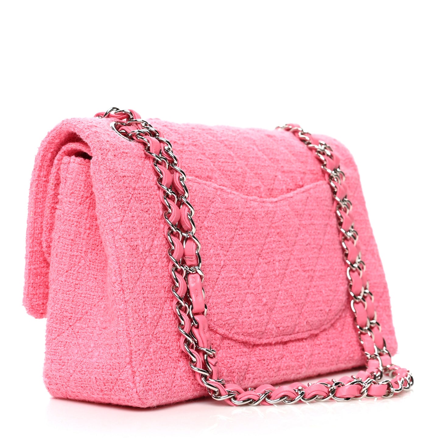 Tweed Crystal Bead Flower Embellished Quilted Medium Double Flap Pink