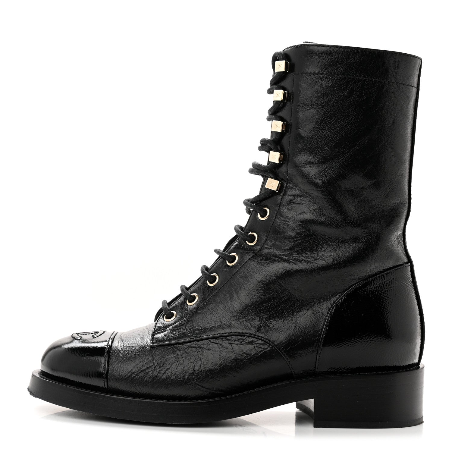 Chanel Crumpled Calfskin Patent Cap Toe Lace Up Combat Boots 38 Black 1 of 12