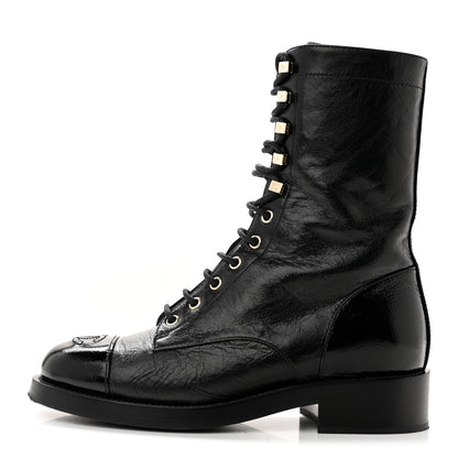 Chanel Crumpled Calfskin Patent Cap Toe Lace Up Combat Boots 38 Black 1 of 12