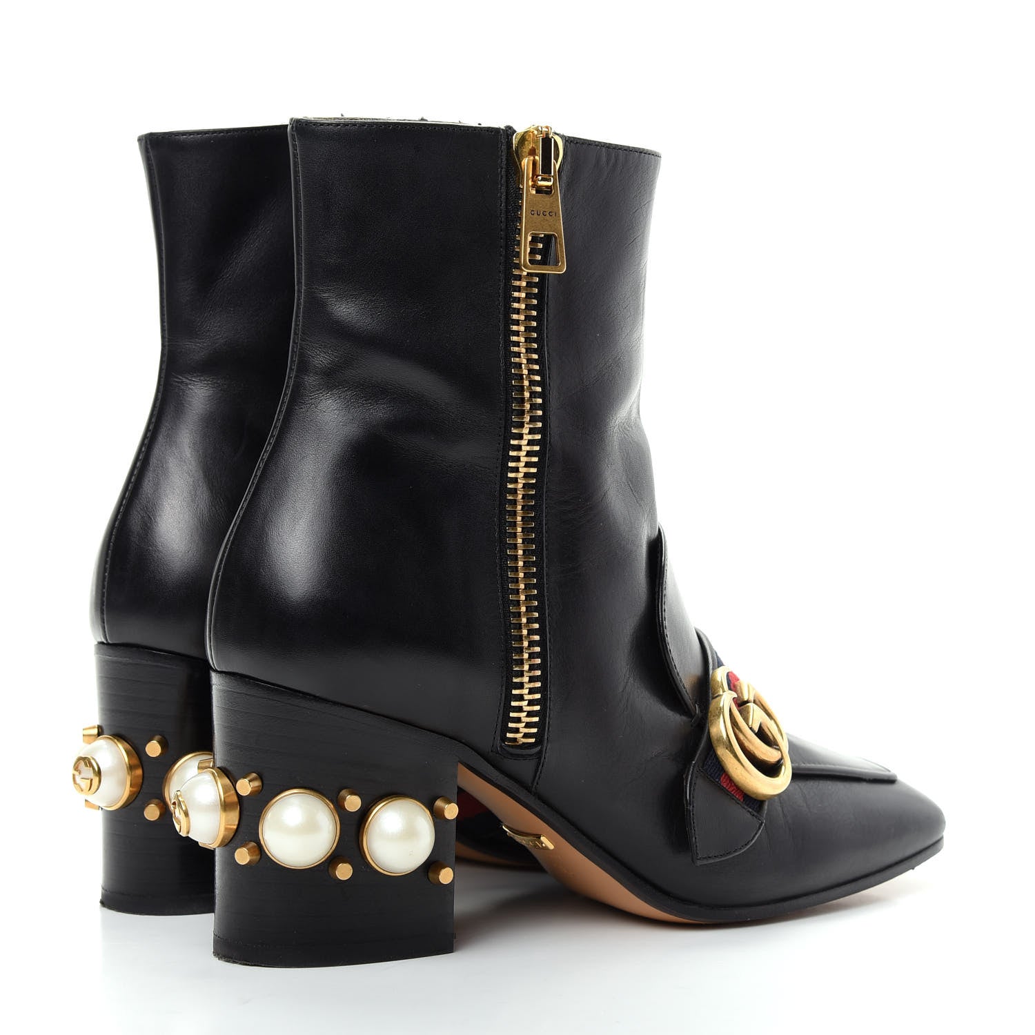 Gucci Betis Glamour Calfskin Web Pearl Embellished Peyton 75mm Ankle Boots 36 Black 4 of 11