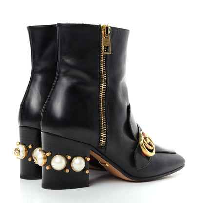 Gucci Betis Glamour Calfskin Web Pearl Embellished Peyton 75mm Ankle Boots 36 Black 4 of 11