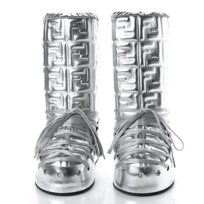 Fendi Laminated Nappa FF Embossed T-Rex Lace Up Ski Boots 40 Argento 2 of 9